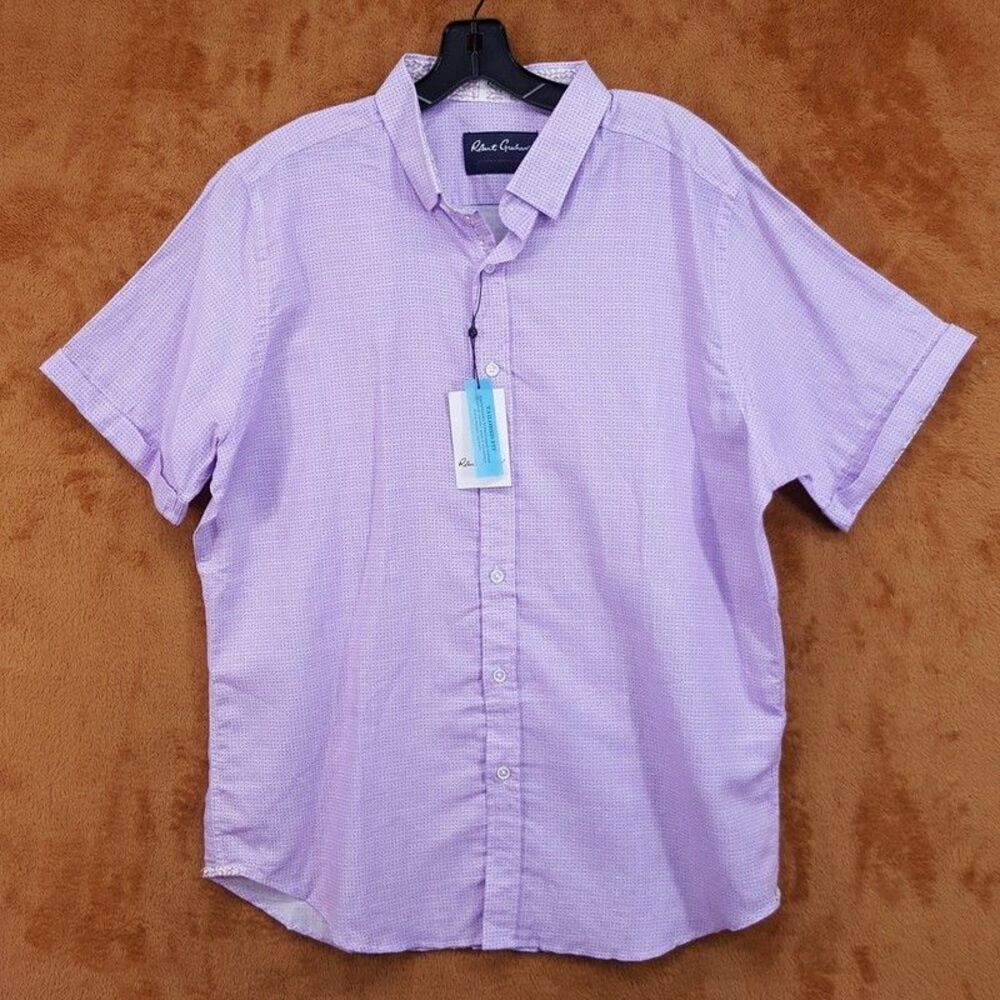 ROBERT GRAHAM Shirt Mens XL Lavender Tailored Fit Short Sleeve Linen Blend SLOAN